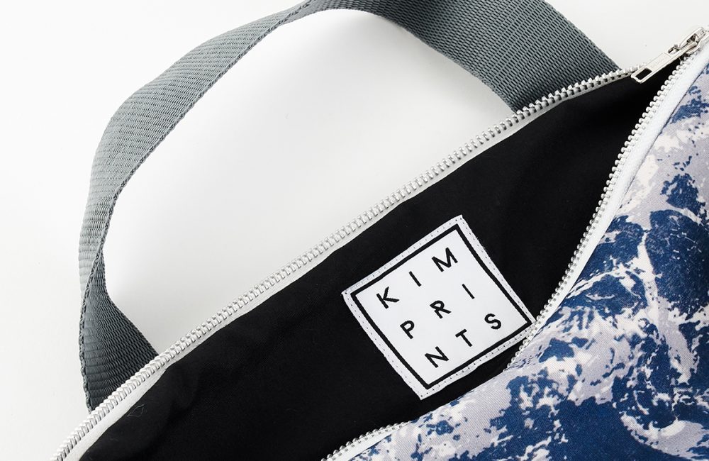 Detail of the label of a Just Kim Prints bag