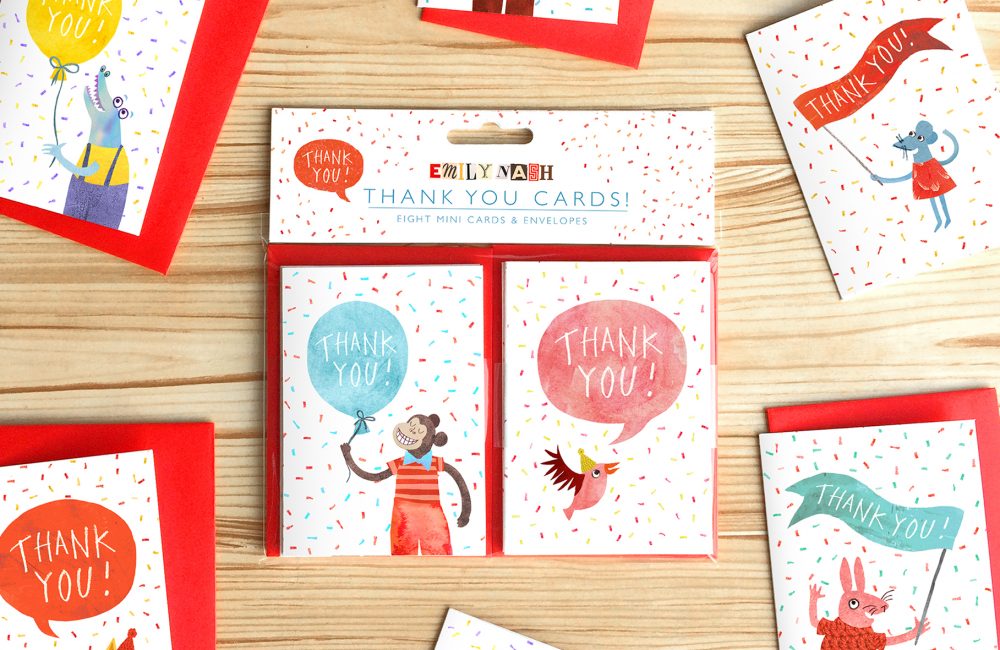 Pack of mini thank you cards with animal illustrations