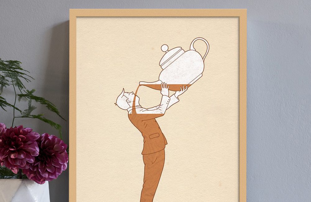 Print of a man in a suit drinking from a teapot