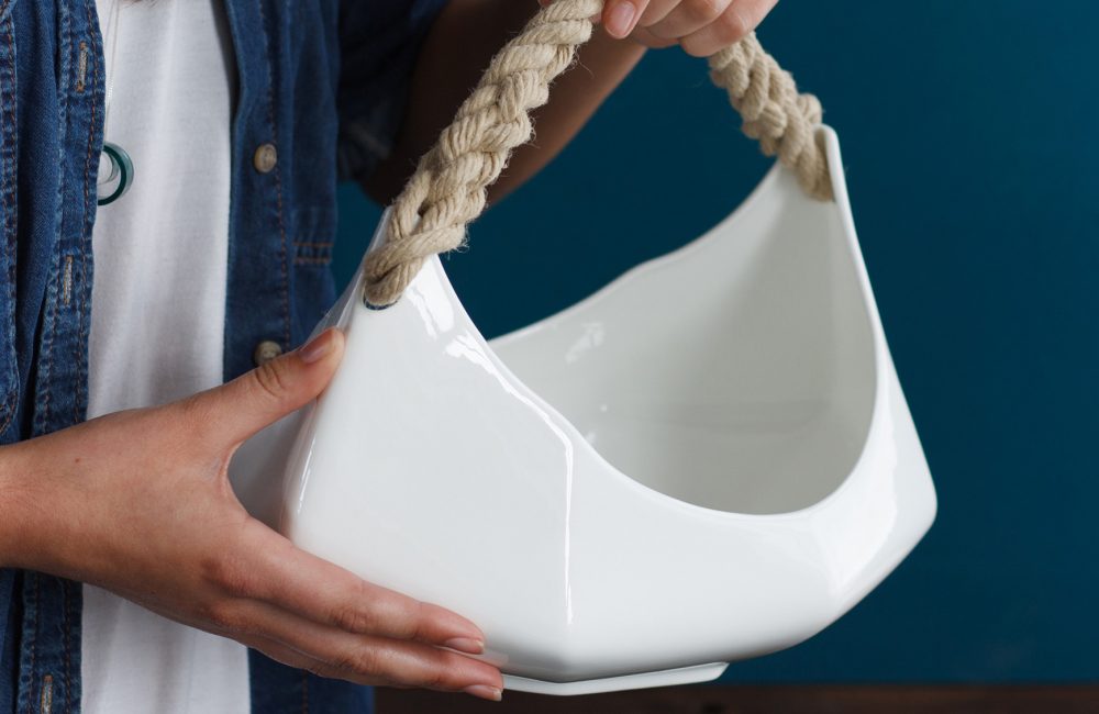 White porcelain serving bowl with rope handle